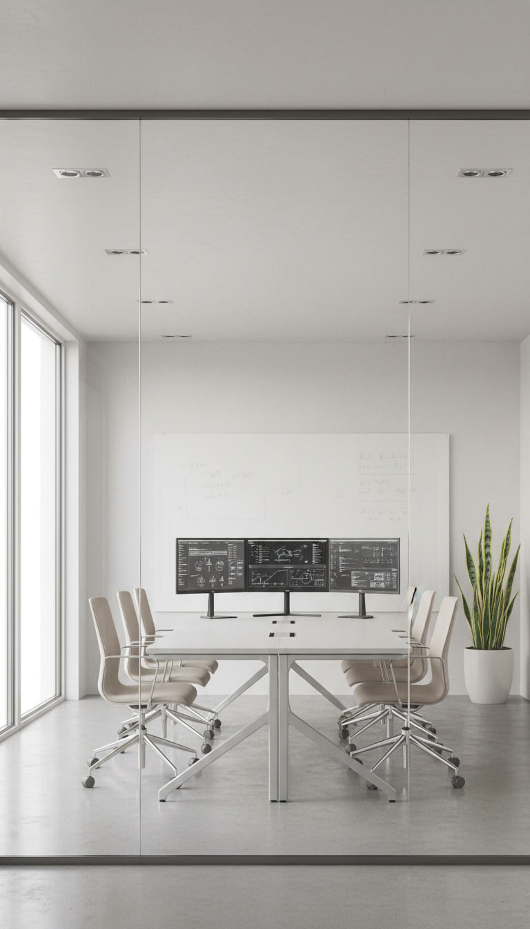 A pristine, glass-walled conference room featuring a large, glossy whiteboard and a row of state-of-the-art computer monitors on a minimalist, light gray table. Neutral-toned ergonomic chairs line the table, and a potted snake plant adds a touch of greenery in the corner. Soft, diffused daylight streams in through floor-to-ceiling windows, producing soft highlights and balanced shadows that enhance the room's structure. The mood is calm, orderly, and inviting—perfect for strategic business meetings. Shot from a slightly elevated angle, the photograph emphasizes spatial harmony and a clear, corporate feel, perfectly suited to a business IT services provider.